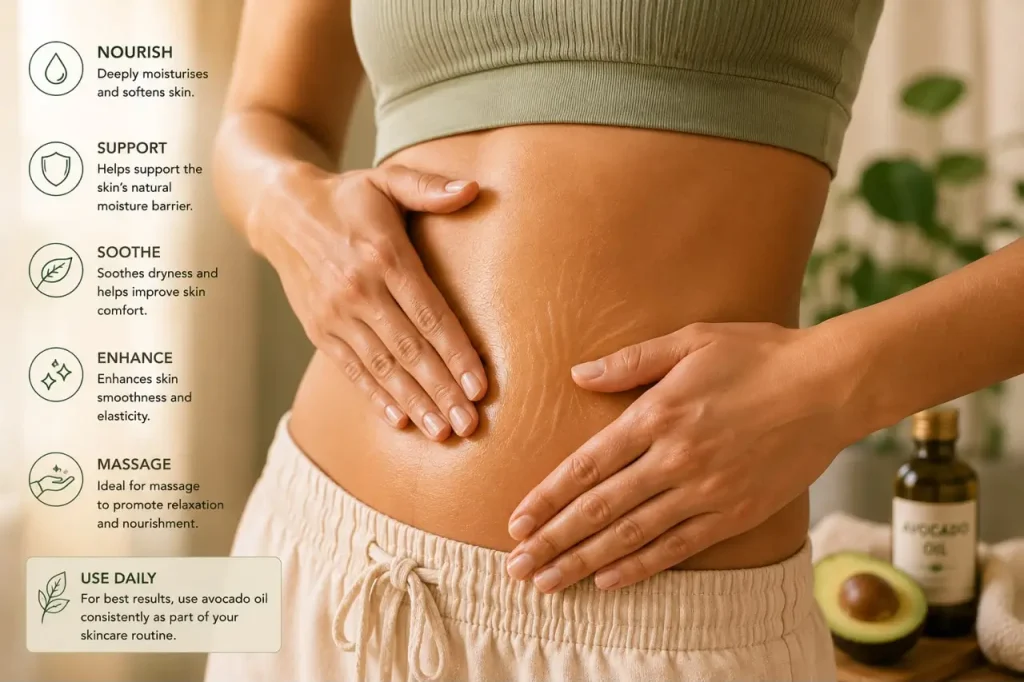 Person massaging avocado oil into abdomen