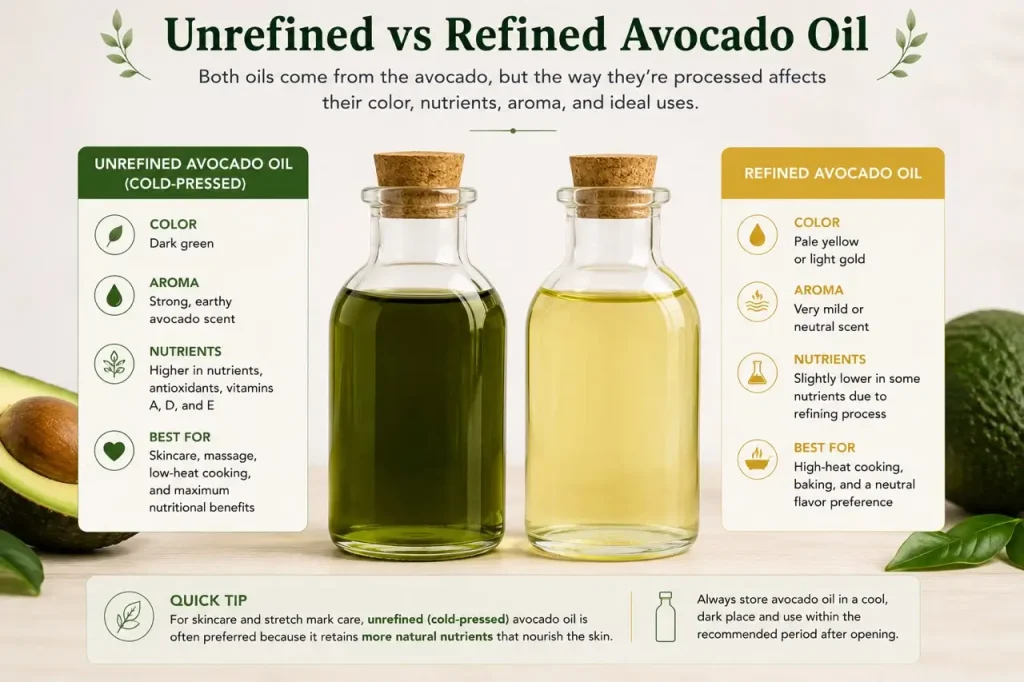Unrefined vs refined avocado oil comparison bottles