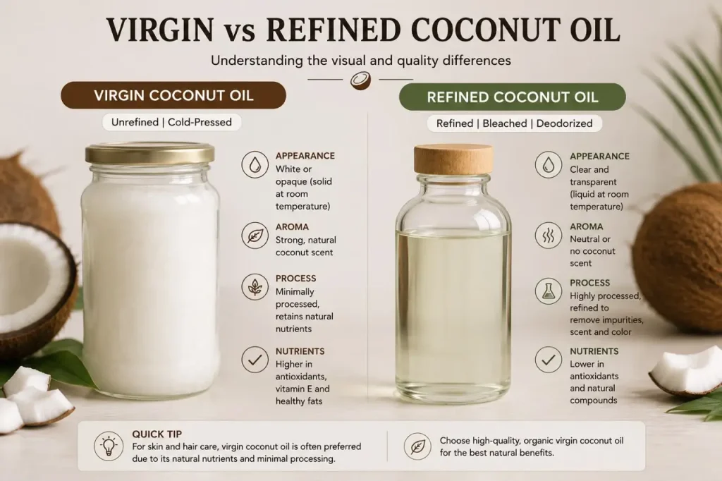 Virgin vs refined coconut oil visual comparison