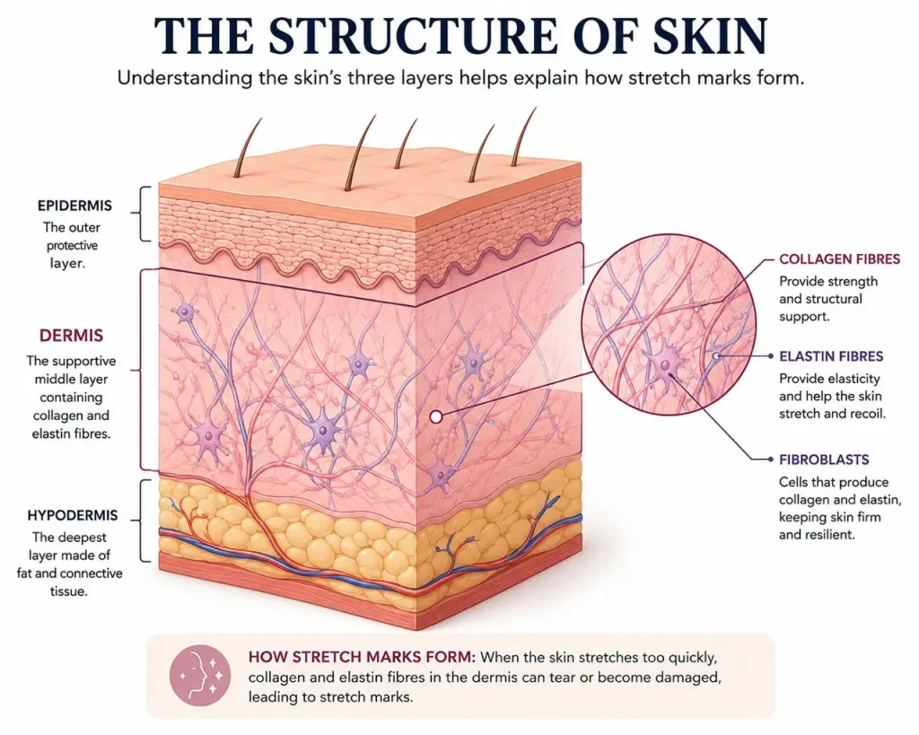 Skin anatomy diagram — dermis layers with collagen/elastin