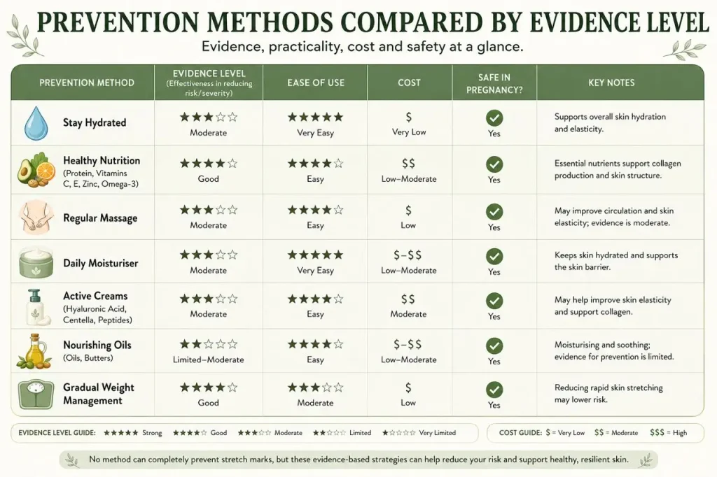 Prevention methods compared — evidence table