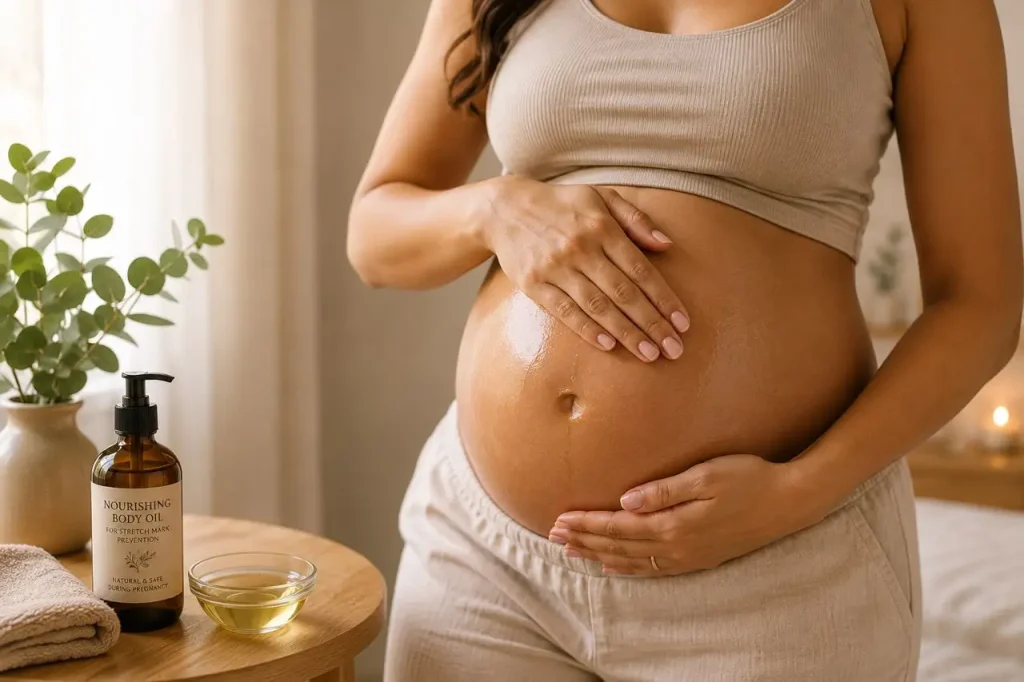 Pregnant person applying oil to abdomen