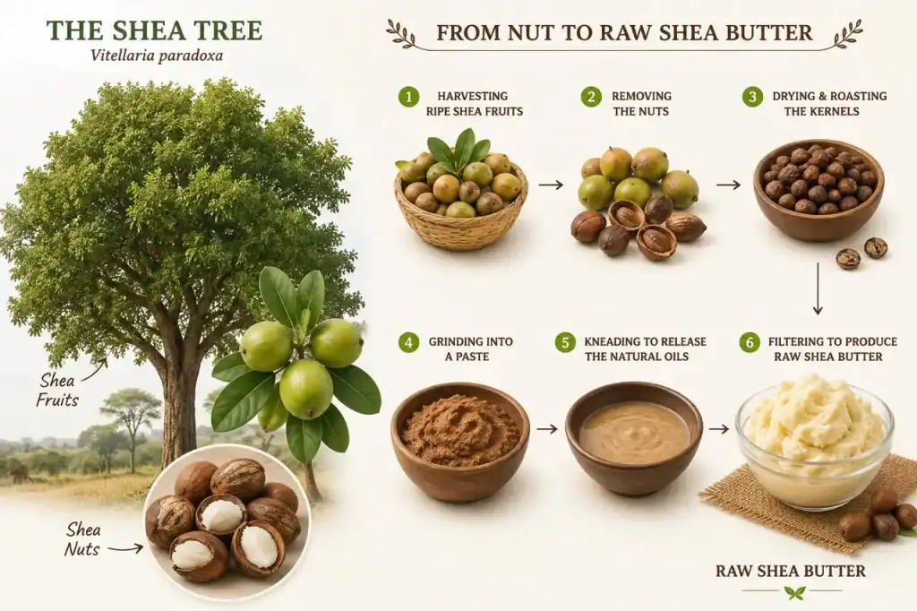 Shea tree and extraction process illustration