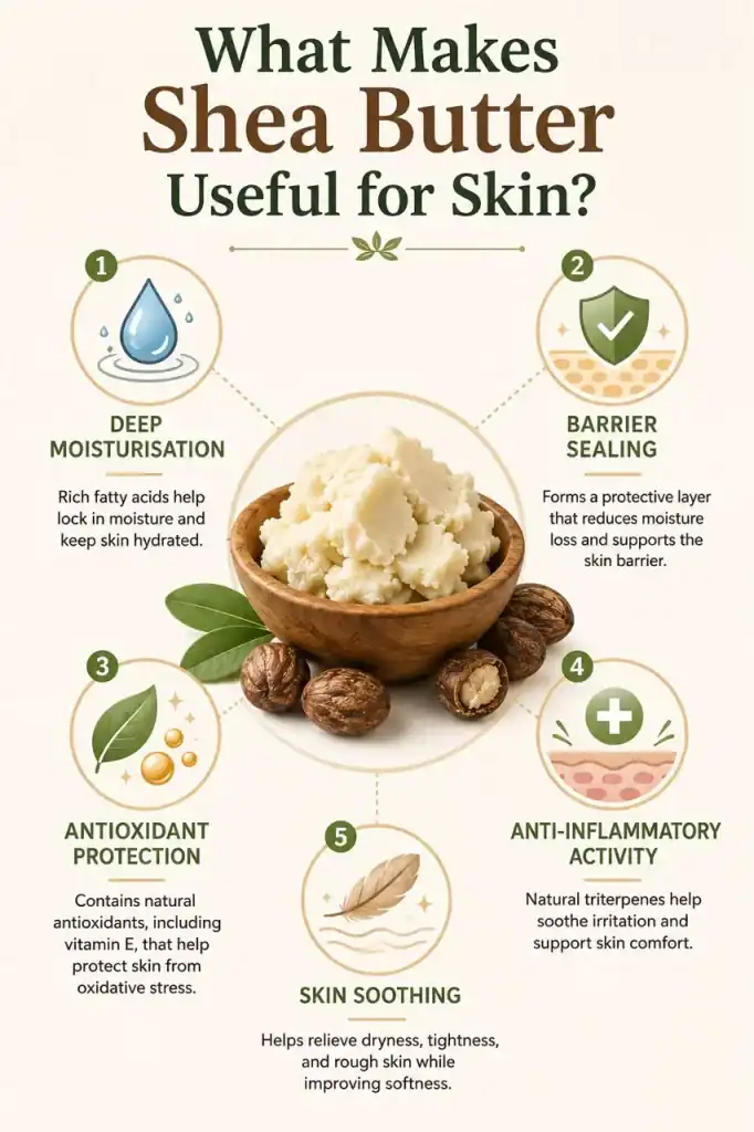 What makes shea butter useful for skin — five properties