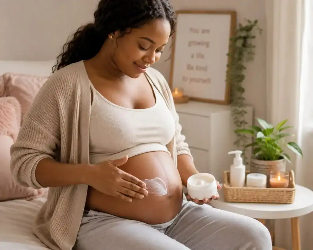 Pregnant person applying moisturiser image