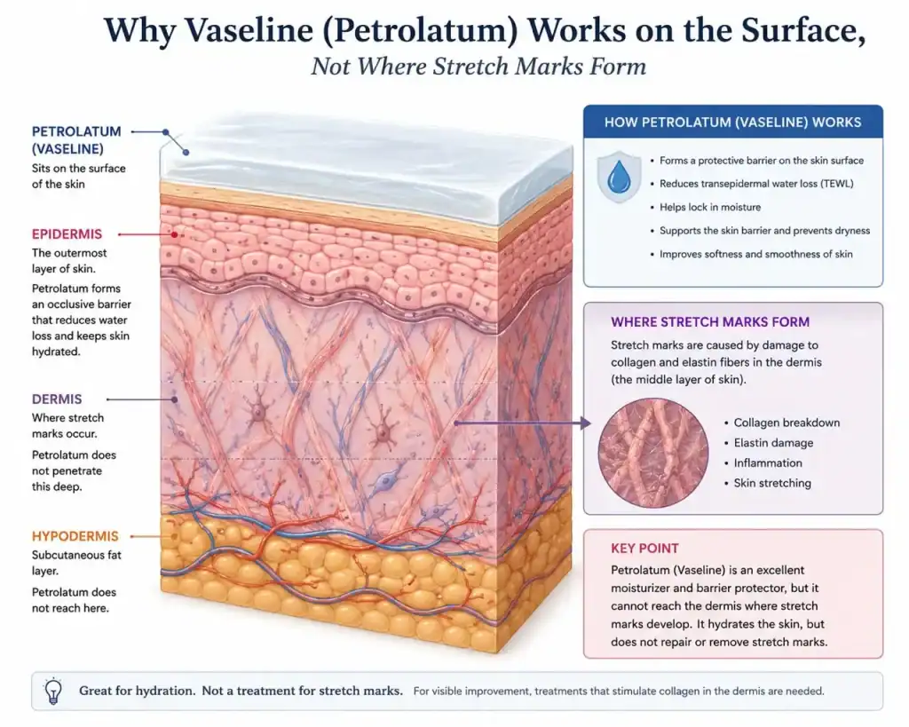 Cross-section skin diagram: petrolatum on skin surface, dermis below with no contact