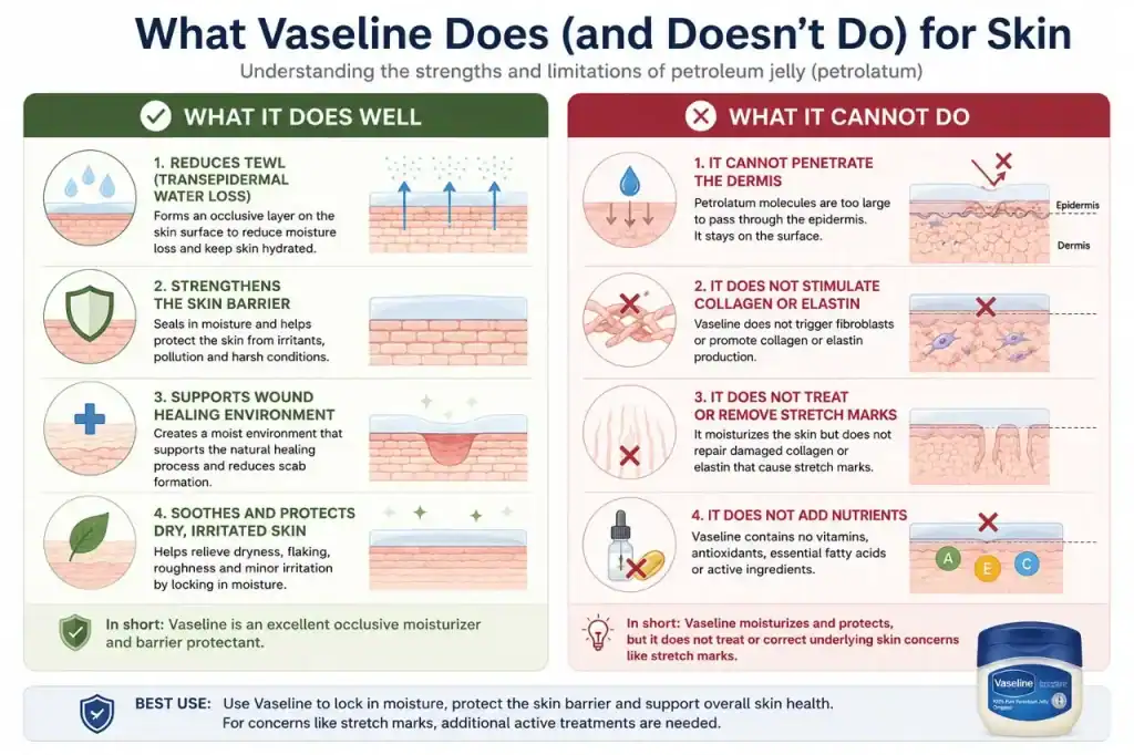 What Vaseline does and doesn't do for skin — two-column visual