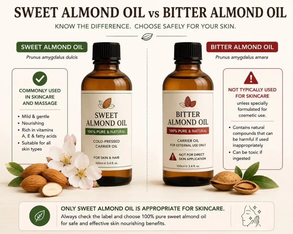 Sweet vs bitter almond oil side-by-side visual with safety note