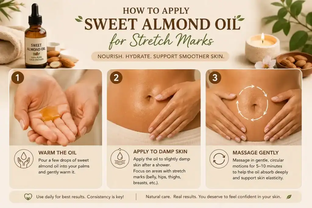 Application step-by-step image: warming oil, applying to damp skin, massaging