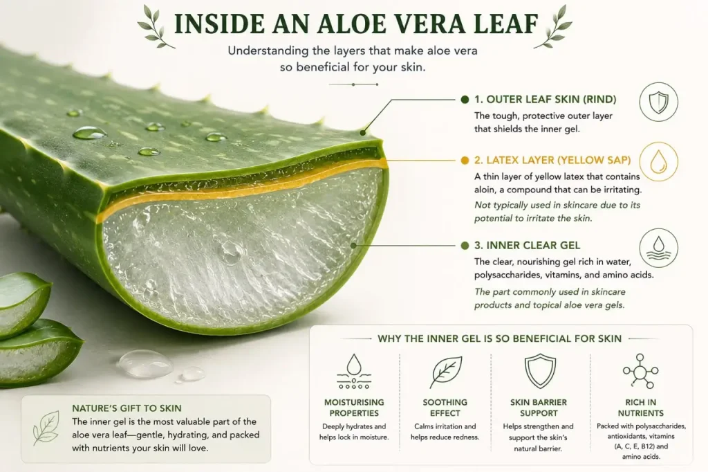 Aloe leaf cross-section diagram — components by layer